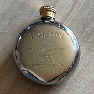 Vintage Jameson Irish Whiskey Round Hip Flask Brass Screw Top